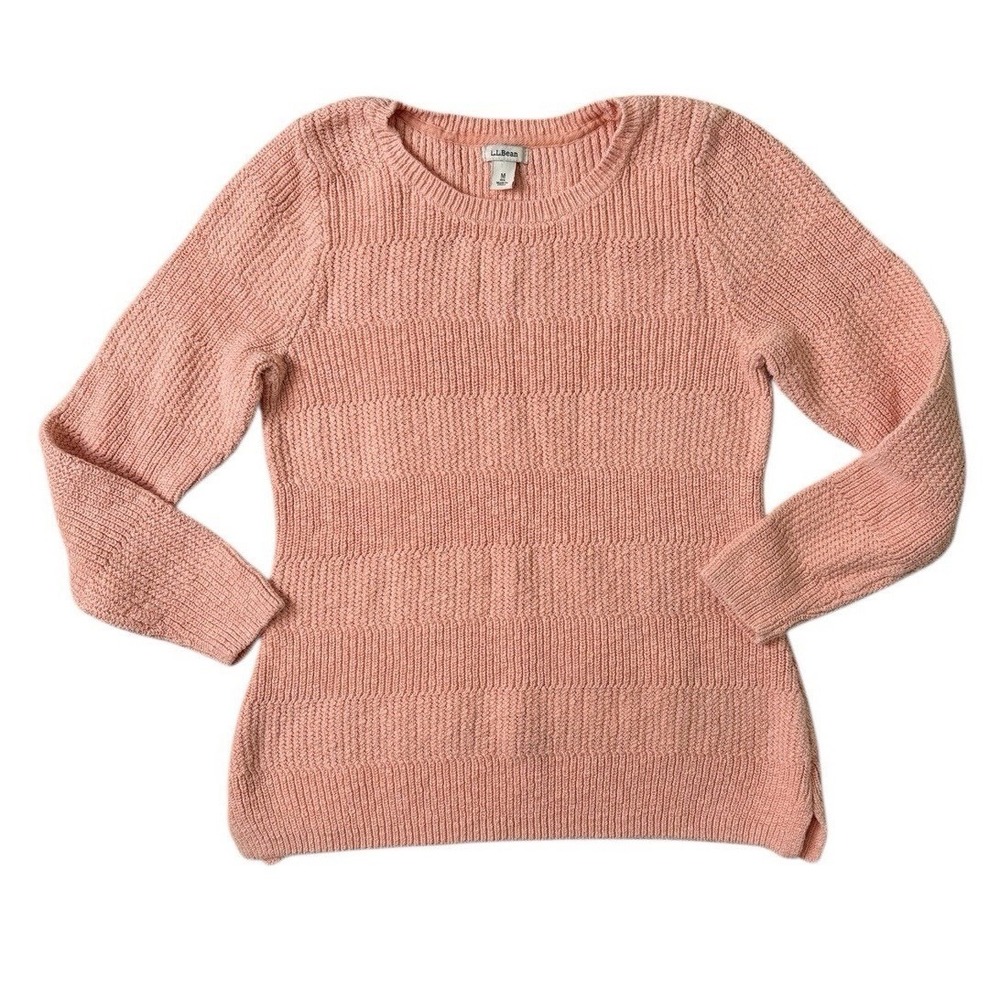 LL Bean Womens M Medium Pink Coral Cotton‎ Sweater Crewneck Chunky Knit 286476
